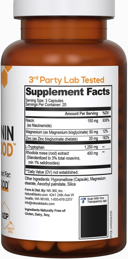 NATURAL STACKS Serotonin Brain Food w/L-Tryptophan & Rhodiola Rosea - Mood Support Supplement - Promotes Positive Mood, Calmness, Stress Relief - Happy Mood & Brain Support Supplement - 60 Capsules