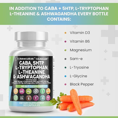 Clean Nutraceuticals GABA 750mg 5 HTP 200mg L Tryptophan 500mg L Theanine 200mg Ashwagandha SAM-e L-Glycine - Mood Support Vitamins for Women and Men with L-Tyrosine - Count