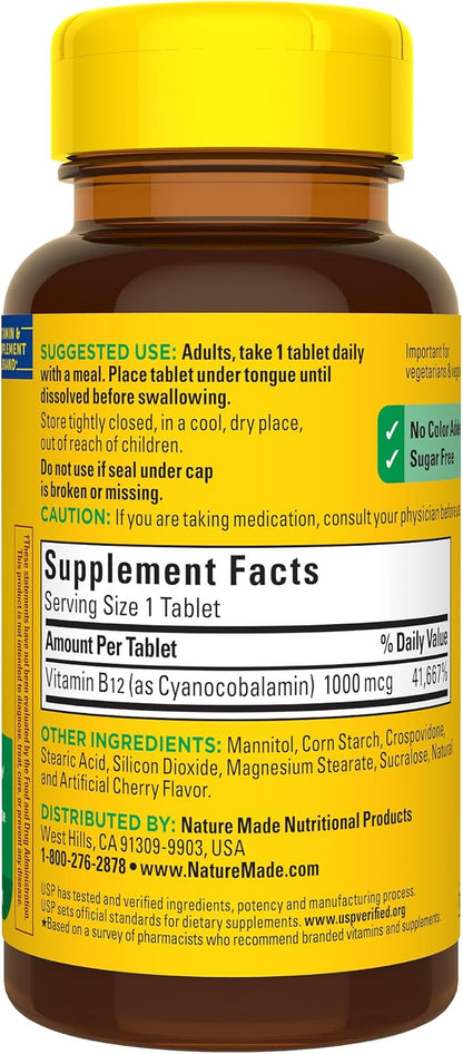 Nature Made Vitamin B12 1000 mcg, Easy to Take Sublingual B12 for Energy Metabolism Support, 50 Sugar Free Fast Dissolve Tablets, 50 Day Supply