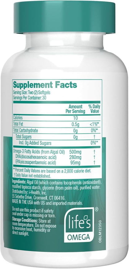 OVEGA-3 Plant-Based Omega-3 from Algal Oil 500mg, Supports 60 Count