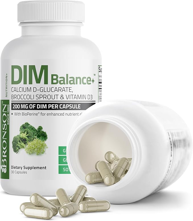 Bronson DIM Balance+ Calcium D-Glucarate, Broccoli Sprouts and Vitamin D3 200 MG of DIM per Capsule Supports Estrogen Metabolism and Balanced Hormone Levels Non-GMO, 30 Vegetarian Capsules