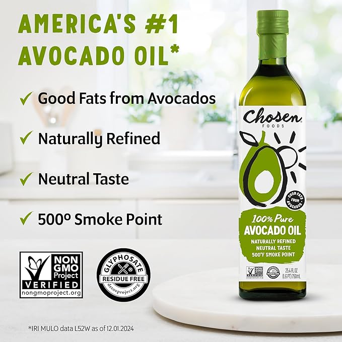 Chosen Foods 100% Pure Avocado Oil for Cooking - 25.4 floz - Rich in Good Fats, Vitamin E, Naturally Refined, High Smoke Point, Non-GMO, Soy-Free, Canola Oil-Free, Gluten-Free, Paleo, Keto + Digital Recipe Book