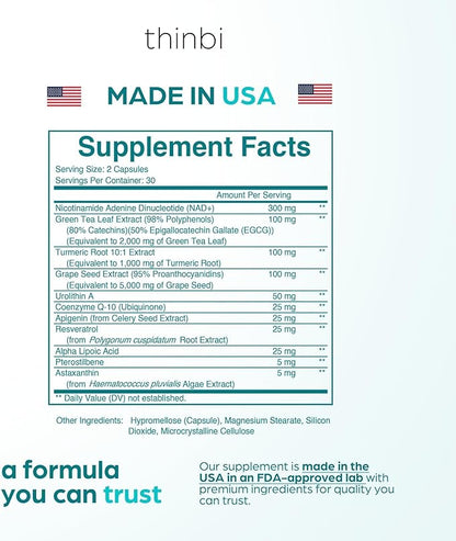 NAD Supplement 8457 mg – Extra Strength NMN Alternative Liposomal NAD+ for Women & Men w/ Urolithin A, Resveratrol, CoQ10, Alpha Lipoic Acid- Energy, Anti-Aging, Cell Regeneration 30-Day Supply Thinbi