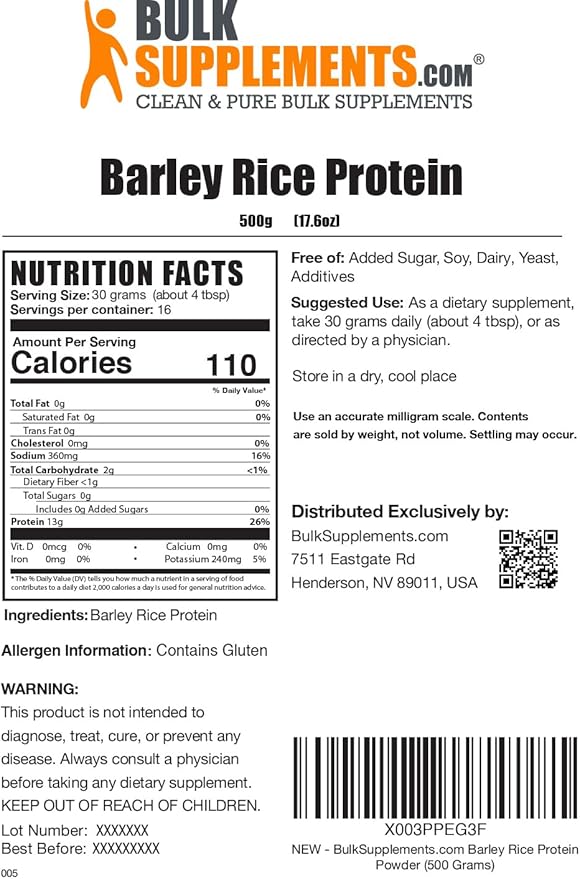 BulkSupplements.com Barley Rice Protein Powder 30g per 500g (1.1 (1.1 lbs) 1)