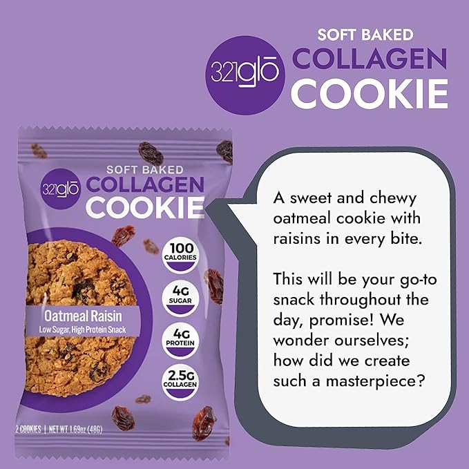 321glo Collagen Protein Cookies, Soft-Baked Cookies, Low Carb and Keto Friendly Treats for Women, Men, and Kids, 12-PACK (Oatmeal Raisin)