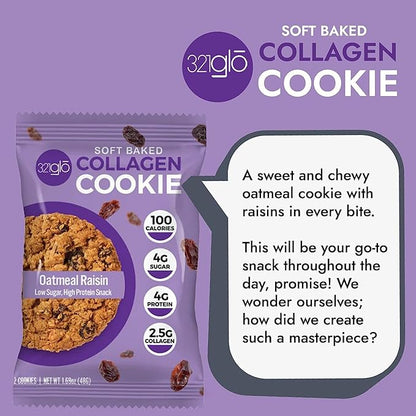 321glo Collagen Protein Cookies, Soft-Baked Cookies, Low Carb and Keto Friendly Treats for Women, Men, and Kids, 12-PACK (Oatmeal Raisin)
