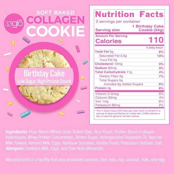 321glo Collagen Cookies | Soft Baked, High Protein Cookies | Low Carb, Low Sugar | Keto Snack for Women, Men, & Kids | 12 Pack (Birthday Cake)