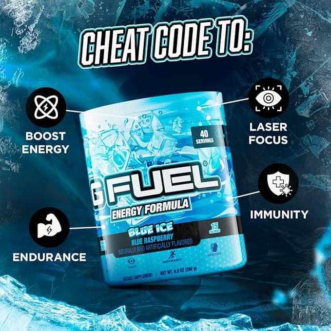 G Fuel Blue Ice Energy Drink Powder, Pre Workout Caffeine Mix for Gaming, Sugar Free Focus Amino, Vitamin + Antioxidants, 9.9oz (Blue Raspberry, 40 Servings)