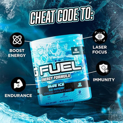 G Fuel Blue Ice Energy Drink Powder, Pre Workout Caffeine Mix for Gaming, Sugar Free Focus Amino, Vitamin + Antioxidants, 9.9oz (Blue Raspberry, 40 Servings)