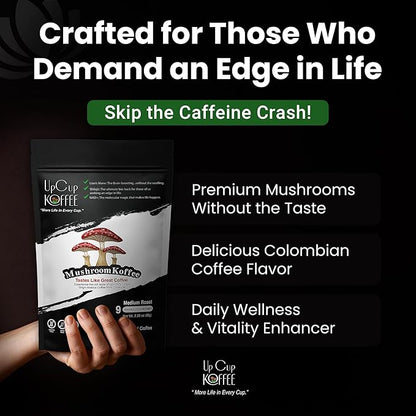 UpCup Koffee Functional Ground Mushroom Coffee - Includes Lions Mane, NAD+, & Himalayan Shilajit for Immune Support & Cognitive Boost - Made with Colombian Beans - 2.2 oz. Sample Bag
