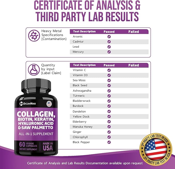 Collagen Pills 1000mg Biotin 10000mcg Keratin 2500mg Hyaluronic 60 Capsules