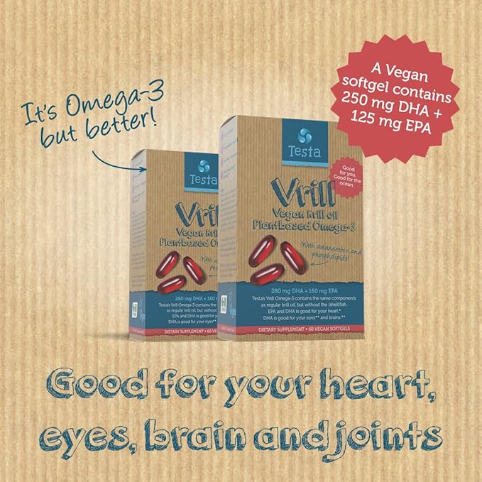 Testa Omega 3 Vegan Krill Supplement-1000mg 2 Times Omega-3, DHA, 60 Softgels