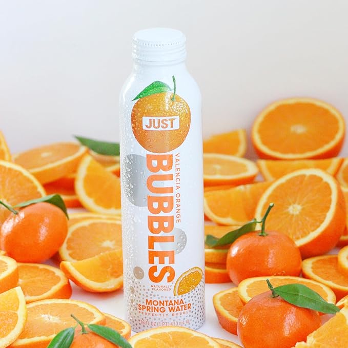 JUST Bubbles Valencia Orange- Pure Premium Sparkling Spring Water in a Fully Recyclable Reusable Eco-Friendly Bottle - 100% Mountain-Sourced Carbonated Water with Naturally Occurring Minerals, 16 Fl