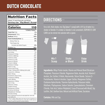 Isopure Low Carb 100% Pure Whey Isolate Protein Powder, Lactose Free, Gluten Free, With Vitamins, Dutch Chocolate, 25g Protein Per Serving, 1 Lb, 14 Servings