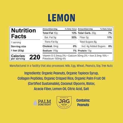 JustNosh Collagen Protein Bars, 10g Collagen, 13g Protein, Gluten Free, Dairy Free, FODMAP Friendly, Seed Oil Free Certified, Clean Ingredients | Lemon (12 Pack)