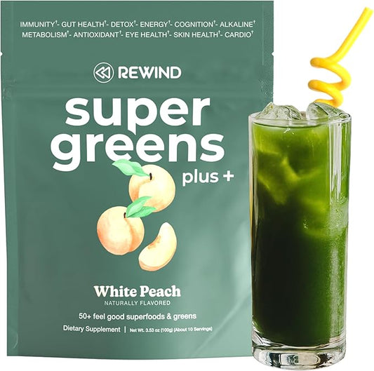Rewind Greens Plus+ Super Greens Powder - Over 50 Superfoods and Greens - Delicious Powder Greens for The Whole Family - 10 Servings - White Peach