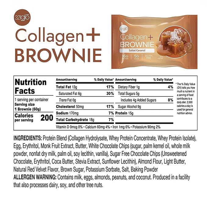 321glo Collagen Protein Brownie | Gluten Free, Low Sugar | Keto Snack for Women, Men, & Kids | 16g Protein, 6g Collagen | 12 Pack (Salted Caramel)