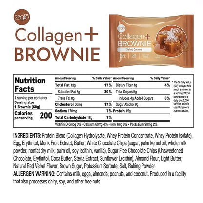 321glo Collagen Protein Brownie | Gluten Free, Low Sugar | Keto Snack for Women, Men, & Kids | 16g Protein, 6g Collagen | 12 Pack (Salted Caramel)