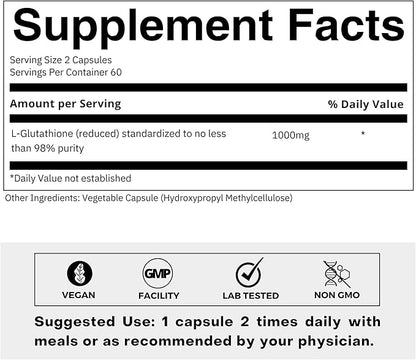 Ultra High Strength L-Glutathione 98% Supplement 500mg Concentrated 120 Capsules