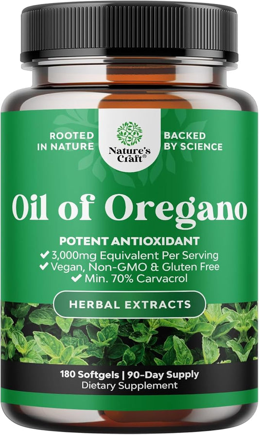 Vegan Wild Oregano Oil Softgels 3000mg Herbal 70% Carvacrol (180CT)