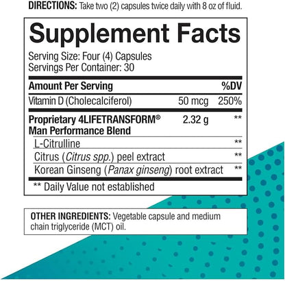4Life Transform Man – Sexual Performance & Vitality Supplement for Men - Supports Nitric Oxide Production, Energy, & Overall Well-Being with L-Citrulline, Vitamin D3, & Korean Ginseng – 120 Caps