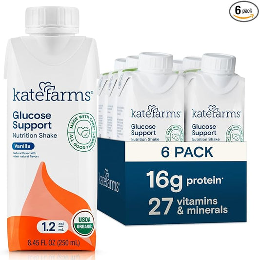 KATE FARMS Organic Plant Based 1.2 Glucose Support Shake, Vanilla, 16g Protein, 27 Vitamins and Minerals, Diabetic Nutrition Meal Replacement, Gluten Free and Non-GMO, 8.45 oz (6 Pack)