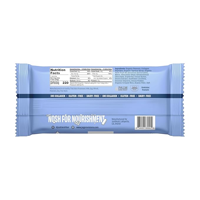 JustNosh Collagen Protein Bars, 10g Collagen, 15g Protein, Gluten Free, Dairy Free, FODMAP Friendly, Seed Oil Free Certified, Clean Ingredients | Double Chocolate Chip (12 Pack)