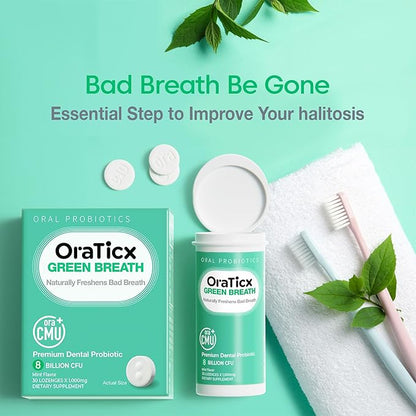 Oral Probiotics Green Breath, Freshen Bad Breath, Dental Probiotic Supplement for Oral Health, 8 Billion CFU, Mint Flavor 30 Lozenges 4-Pack