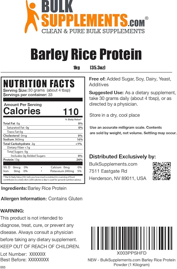 BulkSupplements.com Barley Rice Protein Powder 30g per 1kg (2.2 (2.2 lbs) 1)