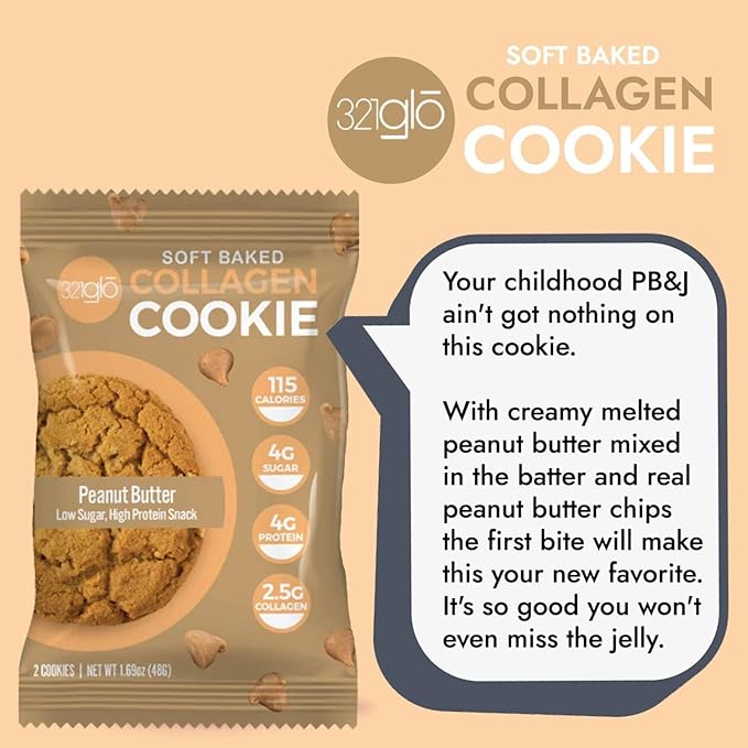 321glo Collagen Cookies | Soft Baked, High Protein Cookies | Low Carb, Low Sugar | Keto Snack for Women, Men, & Kids | 12 Pack (Peanut Butter)