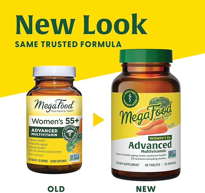 MegaFood Women's 55+ Advanced Multivitamin for Women D3, Vitamin B12, Biotin 120 Tabs (60 Servings)