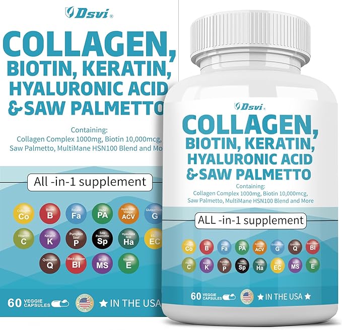 Collagen Pills 1000mg Biotin 10000mcg Keratin 2500mg Hyaluronic Women,60 Count