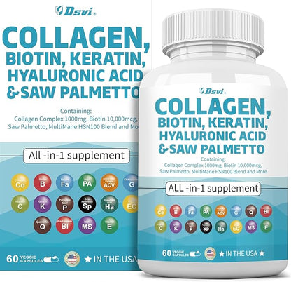 Collagen Pills 1000mg Biotin 10000mcg Keratin 2500mg Hyaluronic Women,60 Count