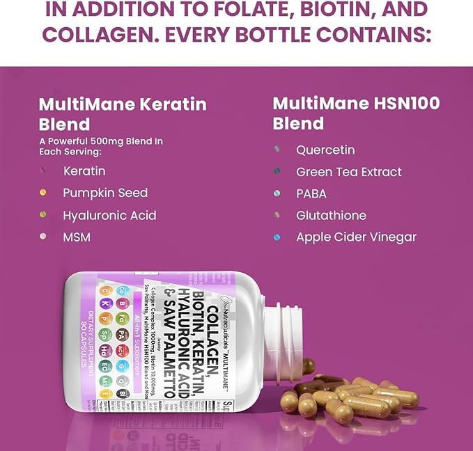 Clean Nutraceuticals Collagen Pills 1000mg Biotin 10000mcg Keratin 90 Count