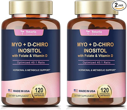 Inositol Supplement for Women with Vitamin D3, Folate, 40:1 Ratio Myo-Inositol 3000mg & D-Chiro Inositol 75mg Complex, (Vitamin B8) Inositol Capsules, Pack of 2