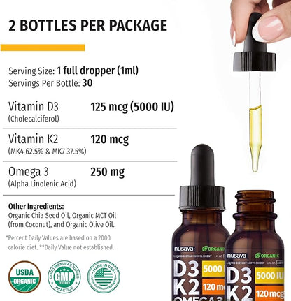 (2 Pack) Organic Vitamin D3 K2 3, 5000 5000 IU, 5000 IU, D3 for 2 Fl D3