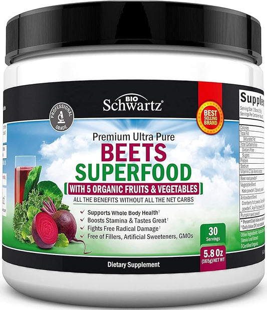 Beet Root Powder - Beets Superfood Supplement with Vitamin C Plus Organic Antioxidant Rich Red Fruits and Vegetables - Boosts Stamina and Natural Energy Levels - 30 Servings - Packaging May Vary