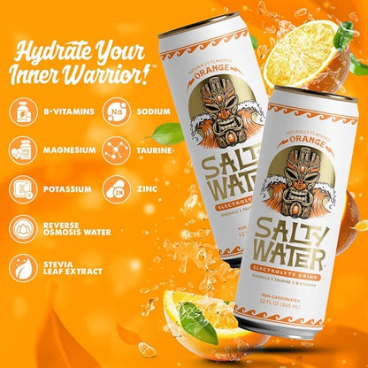SaltyWater Electrolyte Drink, Orange – Zero Sugar Premium Hydration Drink, 10 Calories, Minerals, Taurine, B-Vitamins, Non-Carbonated - Zero Caffeine Electrolyte Sports Drink - Keto, Paleo, Vegan - 12 Pack (12 oz)