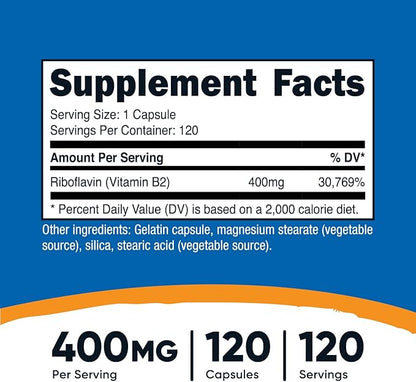 Nutricost Vitamin B2 (Riboflavin) 400mg, 120 Capsules