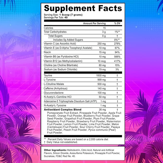 G Fuel Miami Nights Energy Drink Powder, Pre Workout Caffeine Mix for Gaming, Sugar Free Focus Amino, Vitamin + Antioxidants, 9.9oz (Strawberry Pina Colada, 40 Servings)
