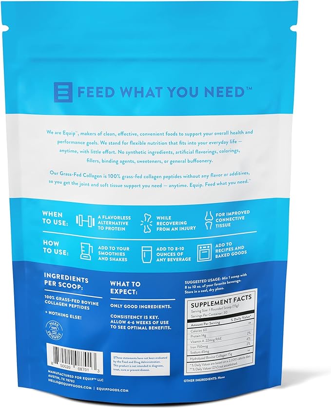 Equip Foods Grass Fed Collagen Powder -100% Hydrolyzed 1 Pound,