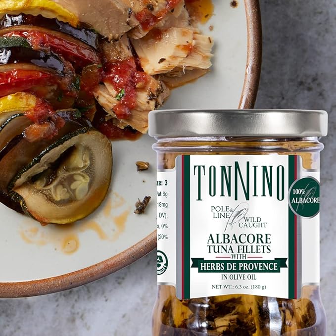 Tonnino Albacore Tuna in oilve oil with Herbs de Provence 6-Pack Omega-3 Rich, High Protein, Gluten-Free, Ready-to-Eat Tuna Packets for Tuna Salad, Tuna Fish Alternative to Salmon, Pole & Line Caught
