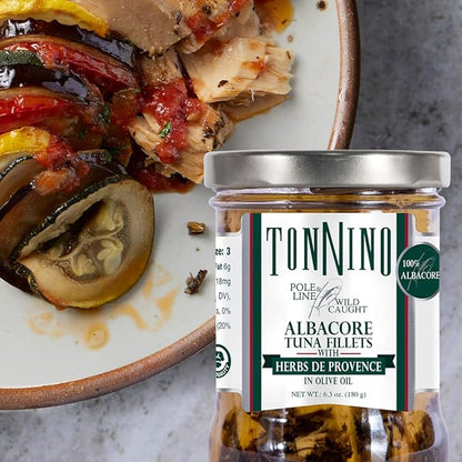 Tonnino Albacore Tuna in oilve oil with Herbs de Provence 6-Pack Omega-3 Rich, High Protein, Gluten-Free, Ready-to-Eat Tuna Packets for Tuna Salad, Tuna Fish Alternative to Salmon, Pole & Line Caught