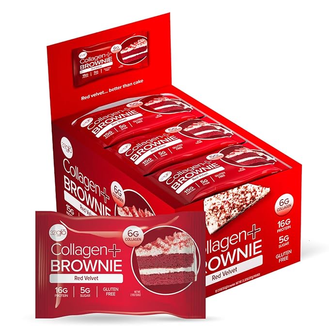 321glo Collagen Protein Brownie | Gluten Free, Low Sugar | Keto Snack for Women, Men, & Kids | 16g Protein, 6g Collagen | 12 Pack (12 Pack, Red Velvet)