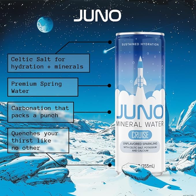 JUNO Cruise Unflavored Sparkling Mineral Water with Celtic Salt, Potassium, and Calcium, Premium Hydration Drink, 12 Pack