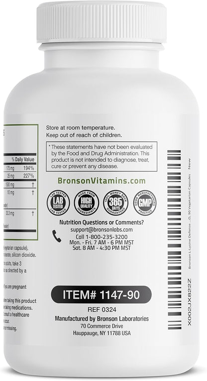 Bronson L-Lysine Defense Immune Support Complex 1500 MG 90 Vegetarian