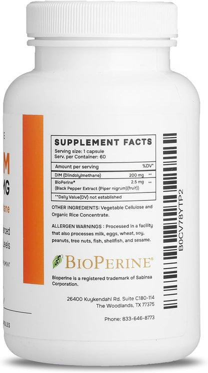 DIM Supplement 200mg | Estrogen Balance for Men and Women | Menopause, PCOS, Hormonal Acne Support & Antioxidant Support for Women | Boosted with Natural Metabolites | Manufactured in the USA | 60 Ct.