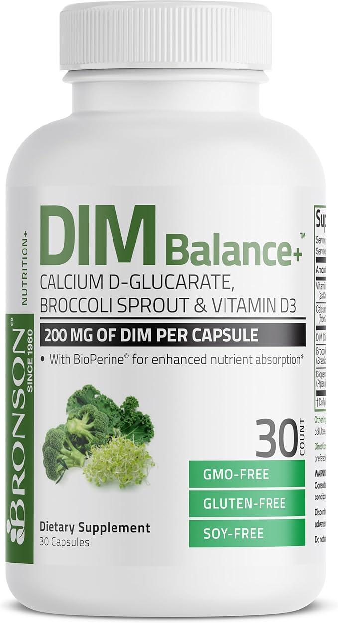 Bronson DIM Balance+ Calcium D-Glucarate, Broccoli Sprouts and Vitamin D3 200 MG of DIM per Capsule Supports Estrogen Metabolism and Balanced Hormone Levels Non-GMO, 30 Vegetarian Capsules