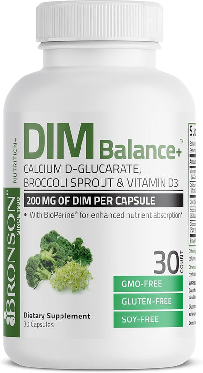 Bronson DIM Balance+ Calcium D-Glucarate, Broccoli Sprouts and Vitamin D3 200 MG of DIM per Capsule Supports Estrogen Metabolism and Balanced Hormone Levels Non-GMO, 30 Vegetarian Capsules