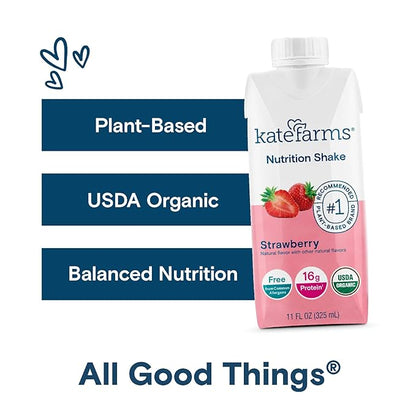 KATE FARMS Organic Nutrition Shake, Strawberry, 16g protein, 27 Vitamins 11 oz (6 Pack)
